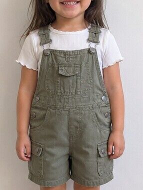 Kids 725 Khaki Green Cargo Short Overalls | Size 3 | Utility Dungarees
